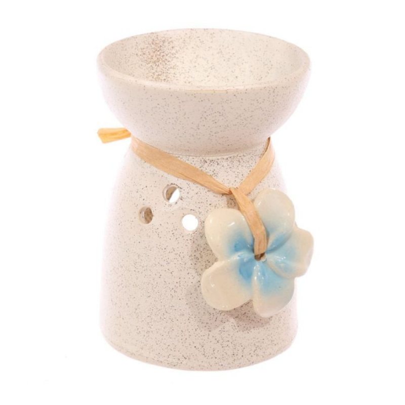 Speckled Ceramic Oil Burner - Cream with Flowers - Blue