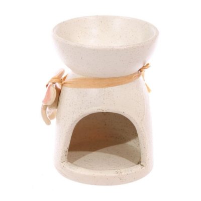 Speckled Ceramic Oil Burner - Cream with Flowers - Red