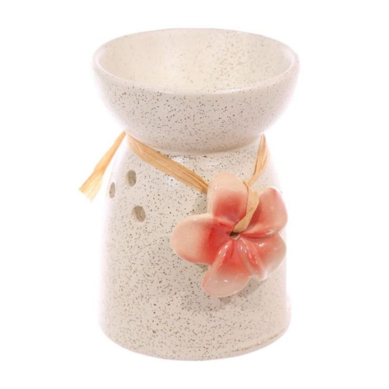 Speckled Ceramic Oil Burner - Cream with Flowers - Red