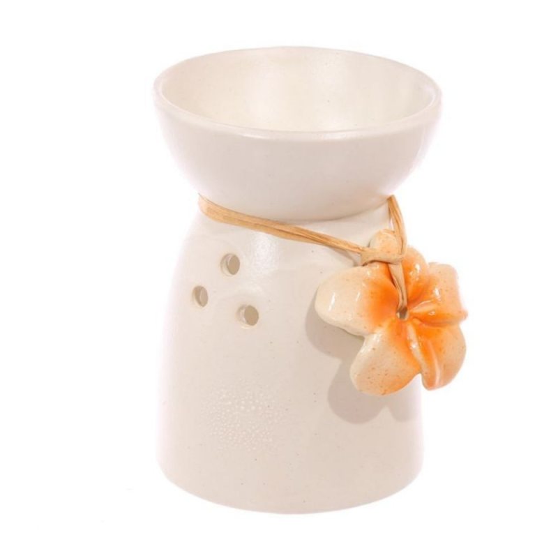 Speckled Ceramic Oil Burner - Cream with Flowers - Orange