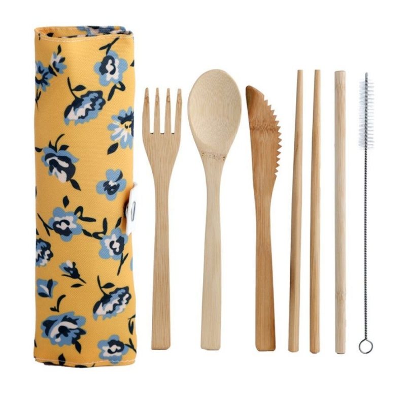 Bamboo cutlery set, 6 pieces, flowers