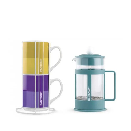 Set of 2 mugs and 1 French press coffee maker - Blue