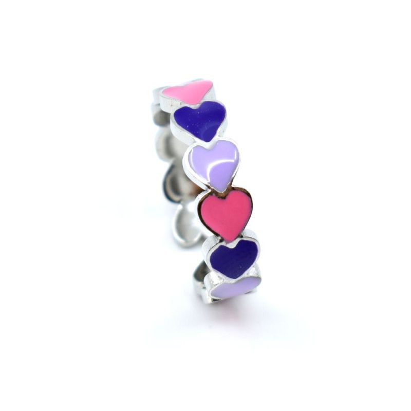 Anello con cuore rosa smaltato, placcato argento, regolabile