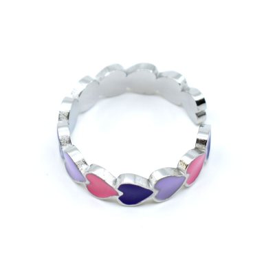 Enamelled pink heart ring, silver plated, adjustable