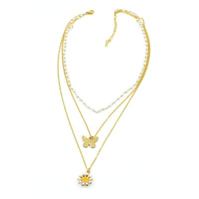 3-reihige Halskette mit Perlen und Berloque, vergoldet