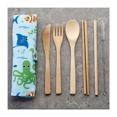 Bamboo cutlery set, 6 pieces, marine life