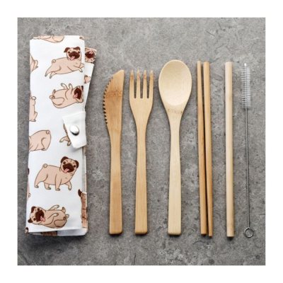 Bamboo cutlery set, 6 pieces, pug dog