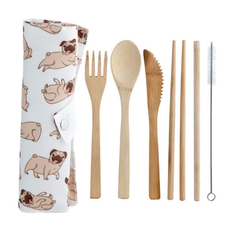 Bamboo cutlery set, 6 pieces, pug dog