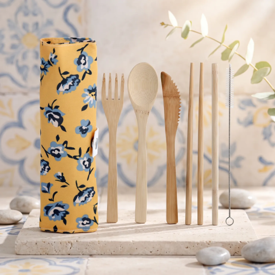 Reusable Bamboo Cutlery Set with Floral Print Pouch