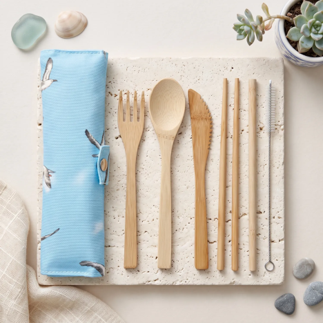 Reusable Bamboo Cutlery Set with Seagull Pouch