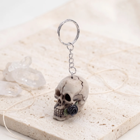 Resin Skull Keychain with Black Rose