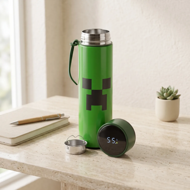 Isolierflasche Minecraft Creeper aus Edelstahl mit Thermometer