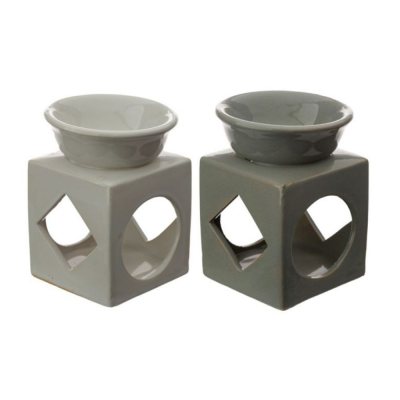 Oil Burner and Wax Melt - Cube with Geometric Cutouts - Light Gray